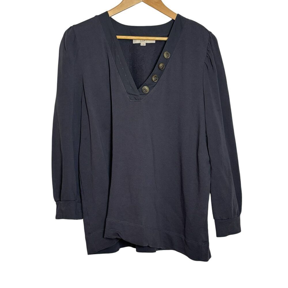 Loft Womens Puff Sleeve Henley Mixed Media Sweatshirt V Neck Cotton - Picture 2 of 6